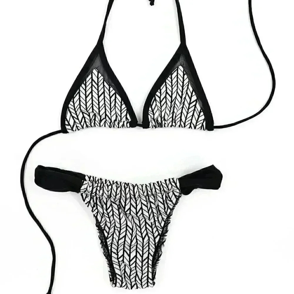 Black‎ White 2 Piece Bikini Set Size Small Herringbone Summer Swimsuit Triangle